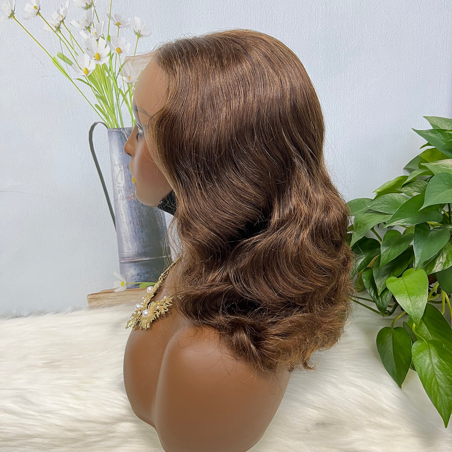 Double Drawn 13*4 Lace Wig Loose Body Wave Natural Human Hair Lace Wigs Brown Color 4# 14"