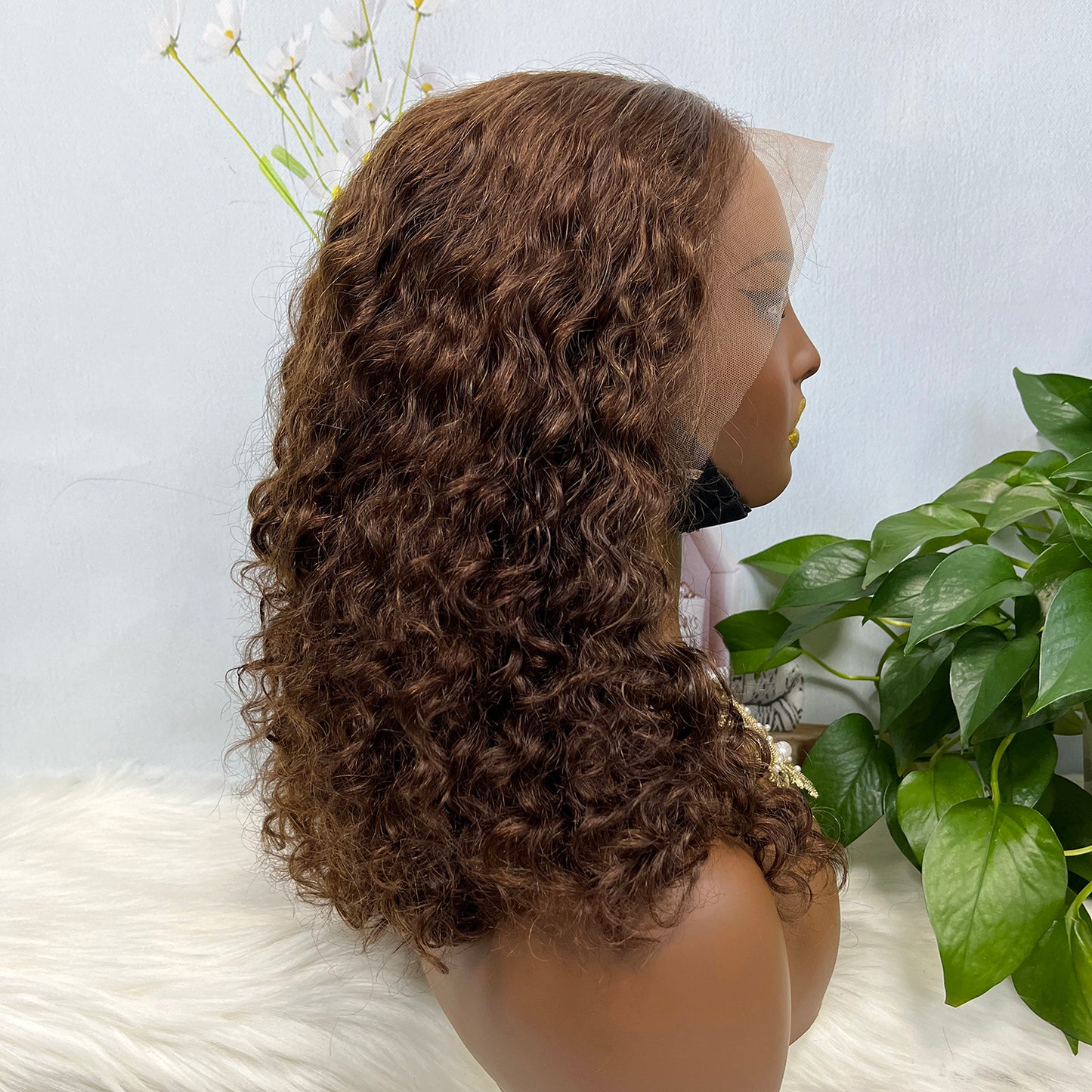 Double Drawn 13*4 Glueless Wig Pissy Curl Natural Human Hair Lace Wig Brown Color 4# 250% Density