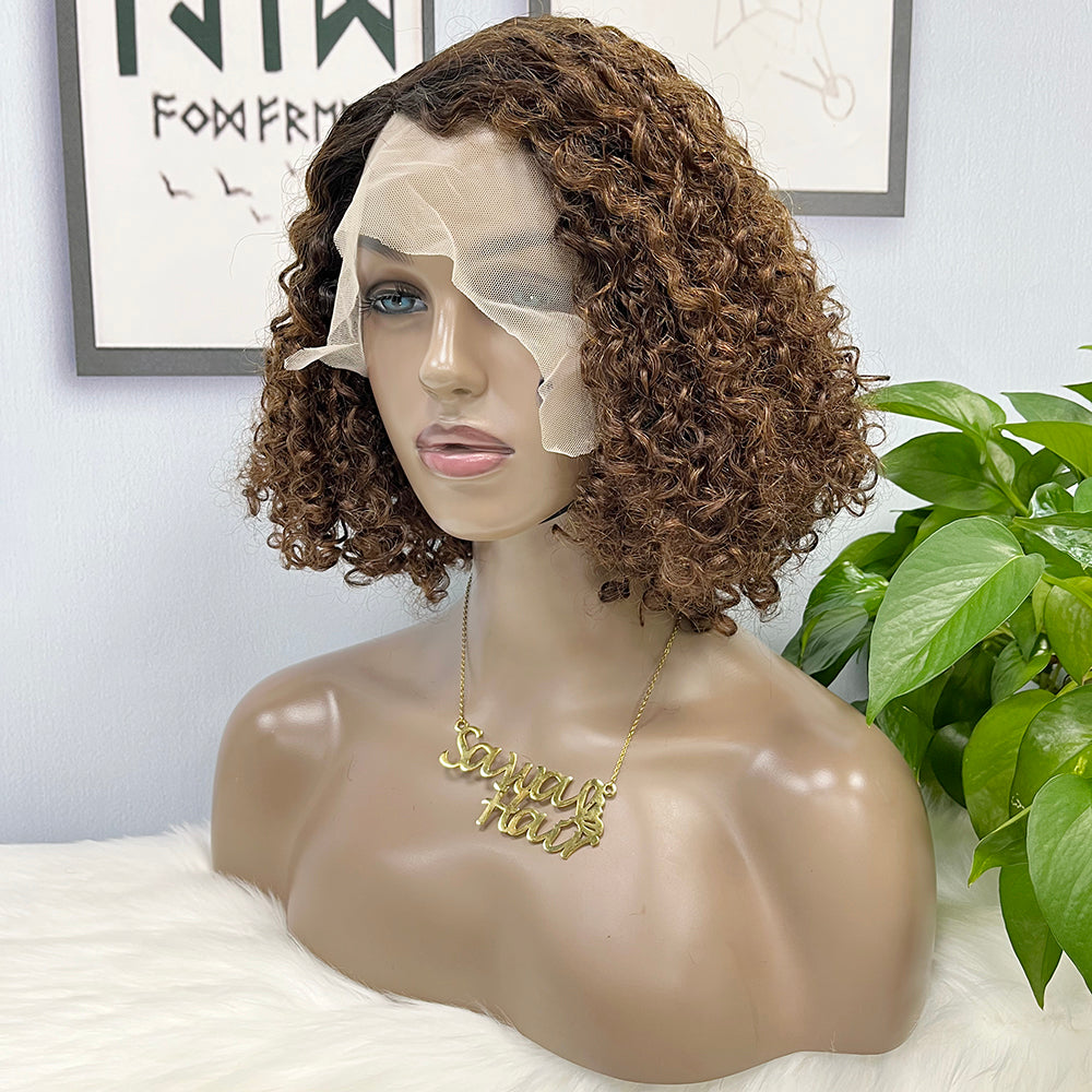 DD T Lace Wig Pixie Curl perruques de cheveux humains naturels 14 pouces couleur T1B/4