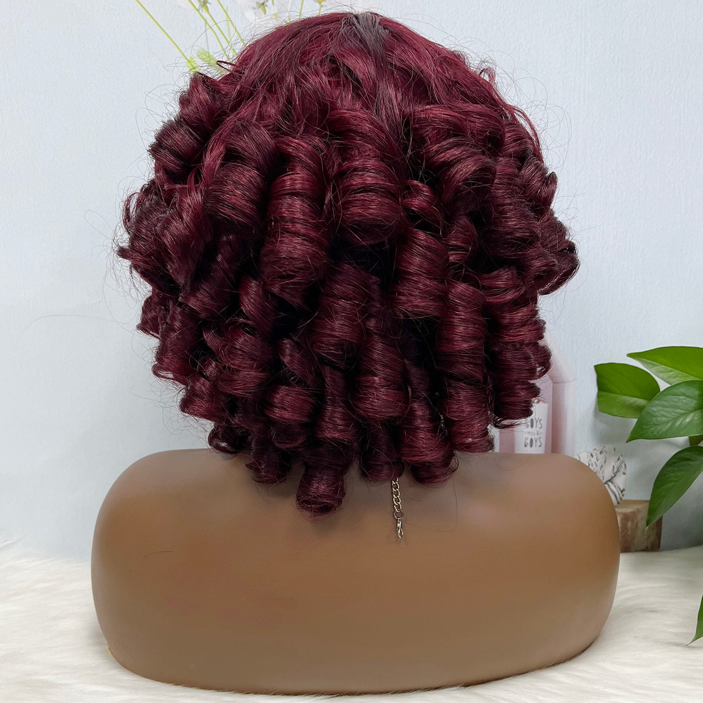 Fringe Double Drawn Human Hair Wig Fumi Curl Wine Color 99J Wigs 14inch