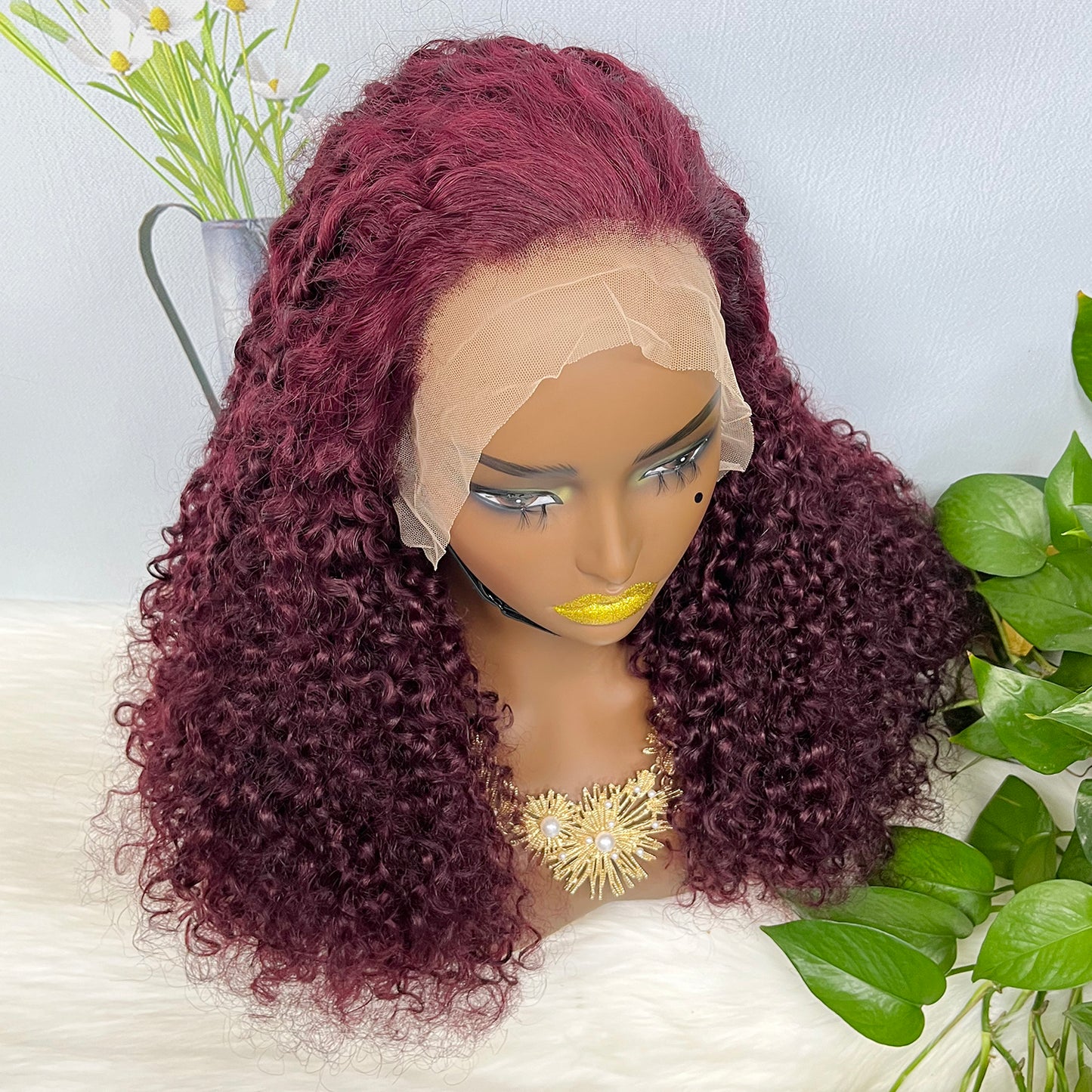 Double Drawn 13x4 Glueless Wig Pixie Curl Natural Human Hair Lace Wigs Wine Color 99J 250% Density