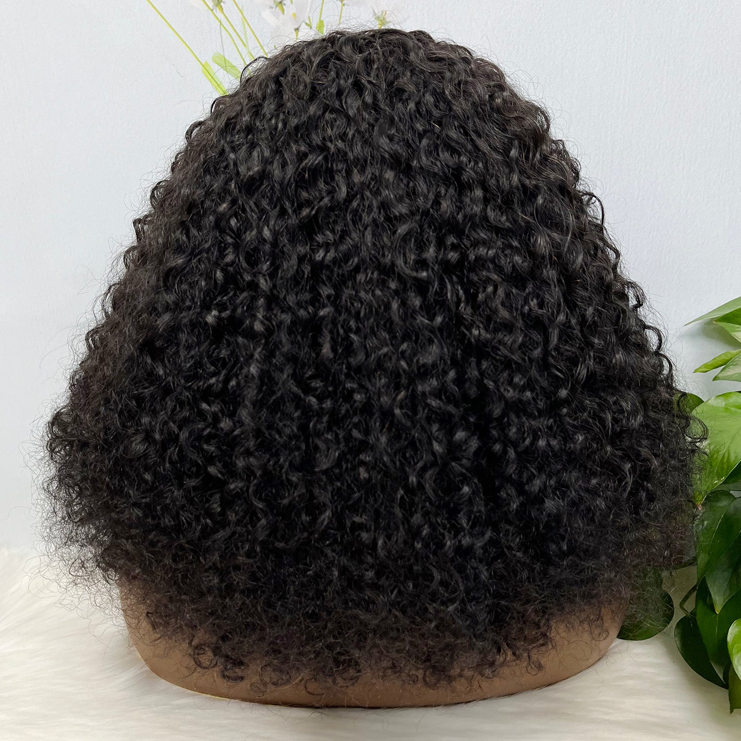 Fringe Double Drawn Wig Human Hair Pixie Curl Wigs Natural Color 300% Density