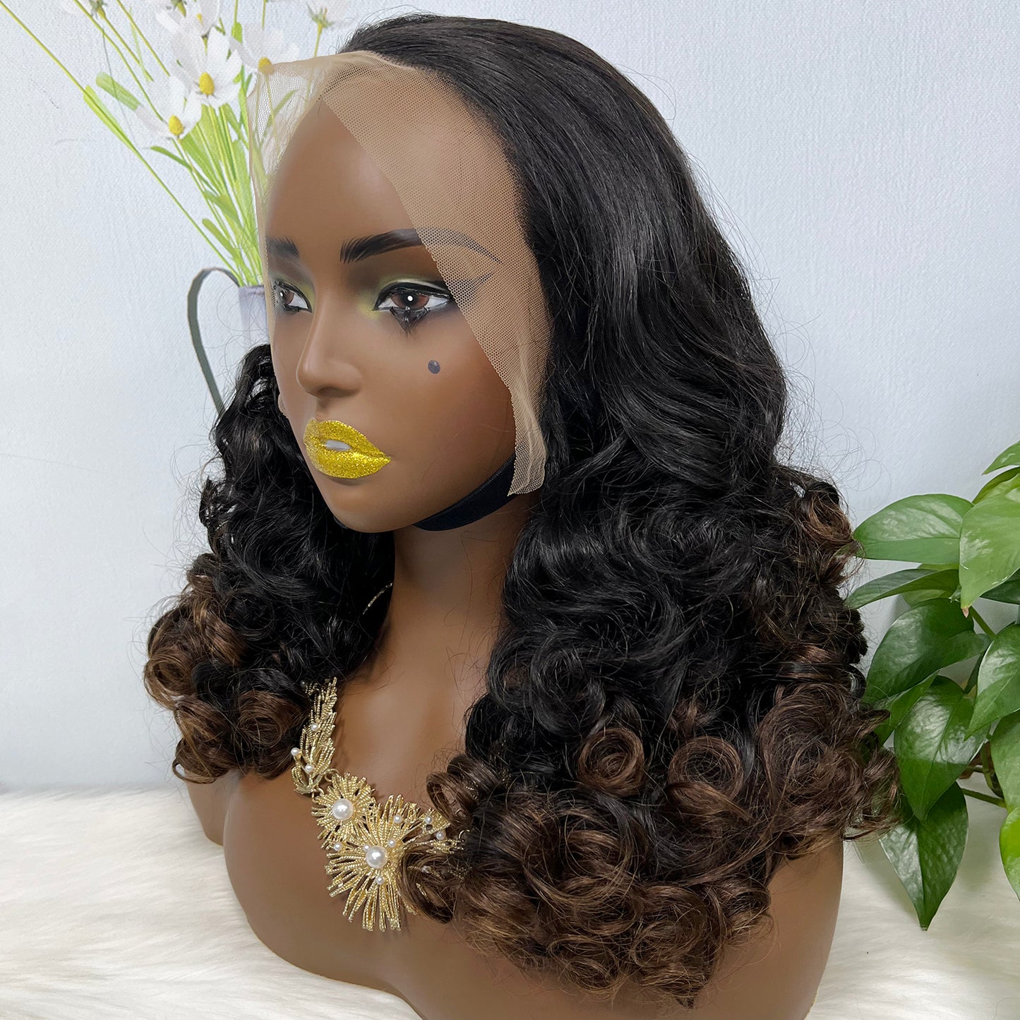 Double Drawn 13*4 Glueless Lace Wig Bouncy Curl Natural Human Hair Wigs Ombre Color T1B/4 20"