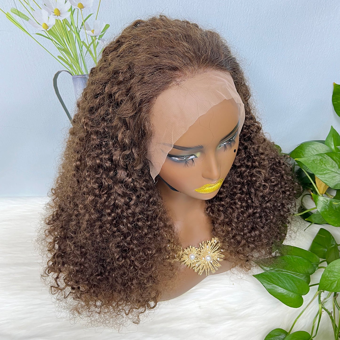 Double Drawn 13x4 Glueless Wig Pixie Curl Natural Human Hair Lace Wigs Brown Color 4# 250% Density