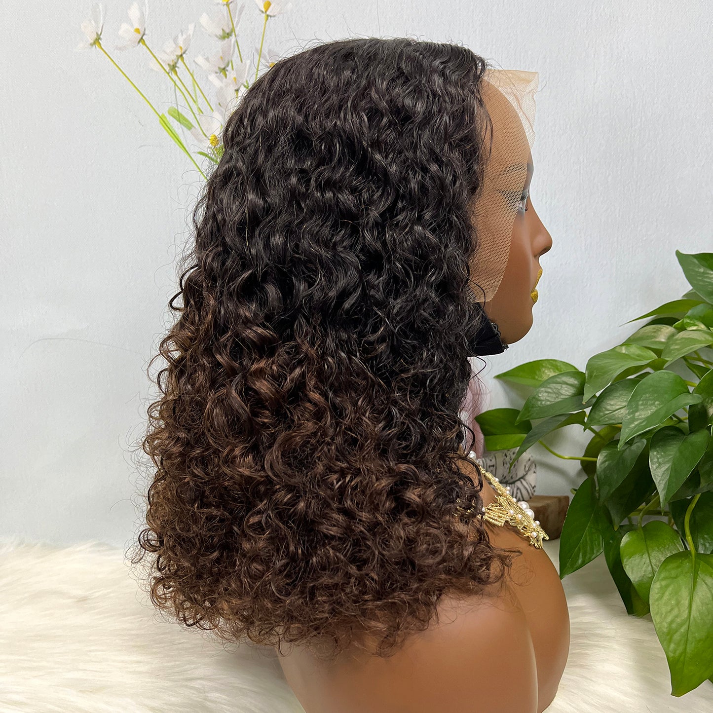 Double Drawn 13*4 Glueless Wig Pissy Curl Natural Human Hair Lace Wig Ombre Color T1B/4 250% Density