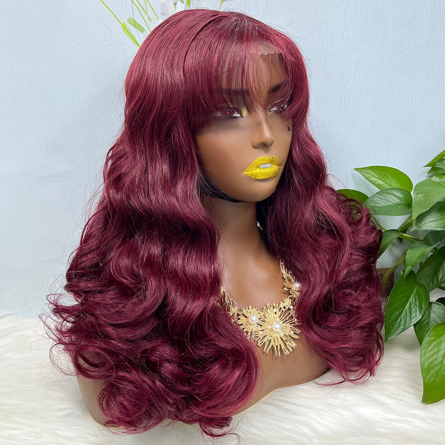 Fringe Double Drawn 5x5 Glueless Lace Wig Loose Wave Human Hair Wigs Wine Color 99J 20 inch