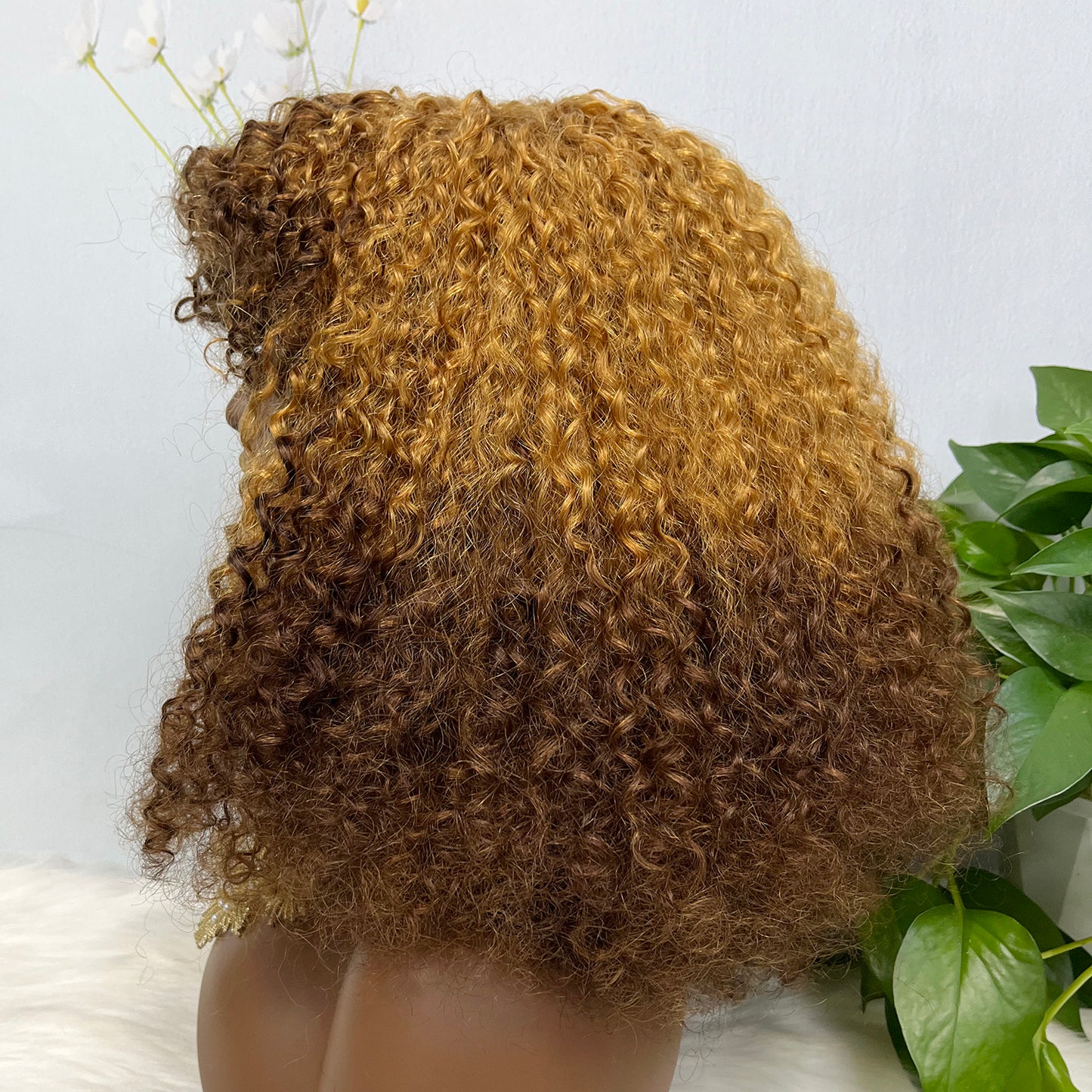 Fringe Double Drawn Wig Human Hair Pixie Curl Wigs 300% Density Ombre Color T4/30/4