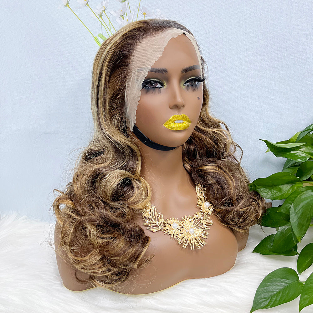 Double Drawn 13*4 Lace Wig Loose Wave Natural Human Hair Lace Wig Color P4/27# 300% Density