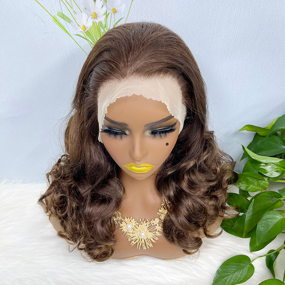 Double Drawn 13*4 Lace Wig Loose Wave Natural Human Hair Lace Wig Color 4# 300% Density