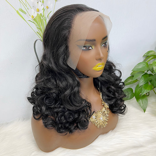 Double Drawn 13*4 Glueless Lace Wig Bouncy Curl Natural Human Hair Wigs Natural Color 20"