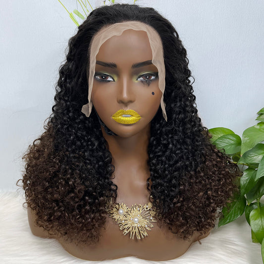 Double Drawn 13x4 Glueless Wig Pixie Curl Natural Human Hair Lace Wigs Ombre Color T1B/4 250% Density