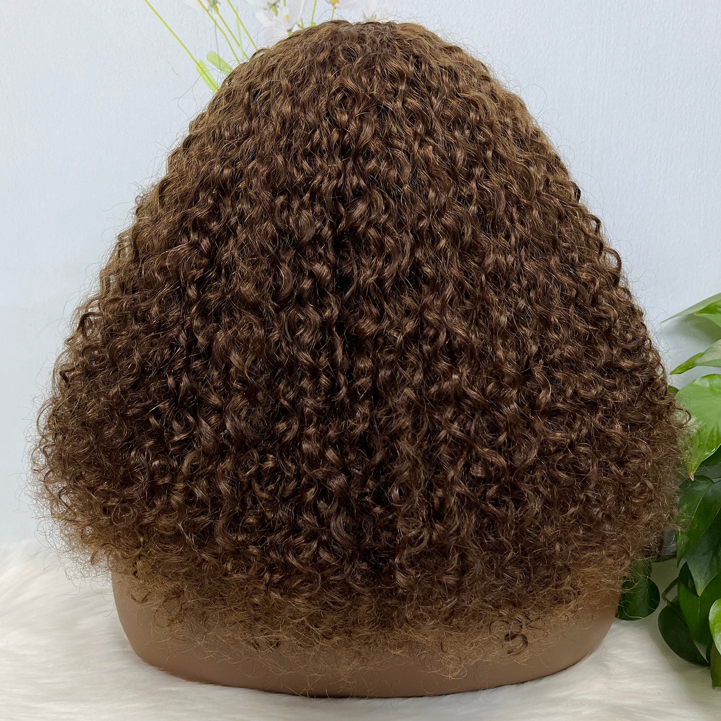 Fringe Double Drawn Wig Human Hair Pixie Curl Wigs 300% Density Brown Color 4#