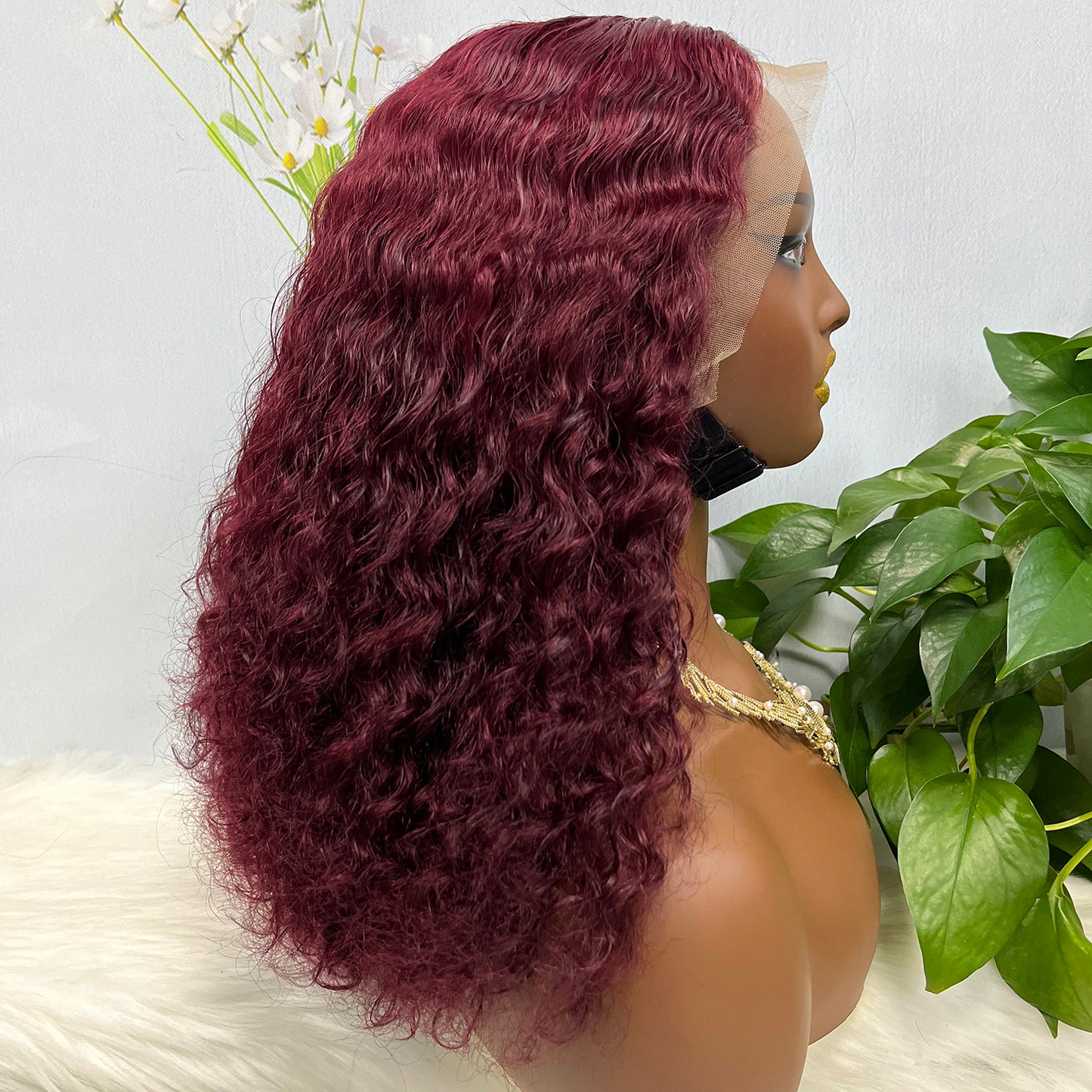Double Drawn 13*4 Glueless Wig Pissy Curl Natural Human Hair Lace Wig Wine Color 99J 250% Density