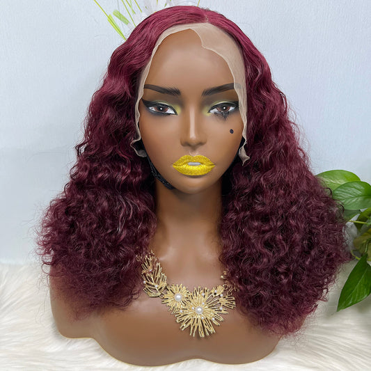 Double Drawn 13*4 Glueless Wig Pissy Curl Natural Human Hair Lace Wig Wine Color 99J 250% Density
