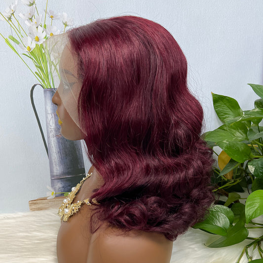 Double Drawn 13*4 Lace Wig Loose Body Wave Natural Human Hair Lace Wigs Wine Color 99J 14"