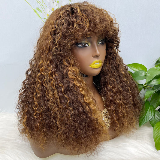 Fringe Double Drawn Machine Wig Water Wave Natural Human Hair Wigs Color P4/30
