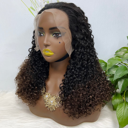 Double Drawn 13x4 Glueless Wig Pixie Curl Natural Human Hair Lace Wigs Ombre Color T1B/4 250% Density