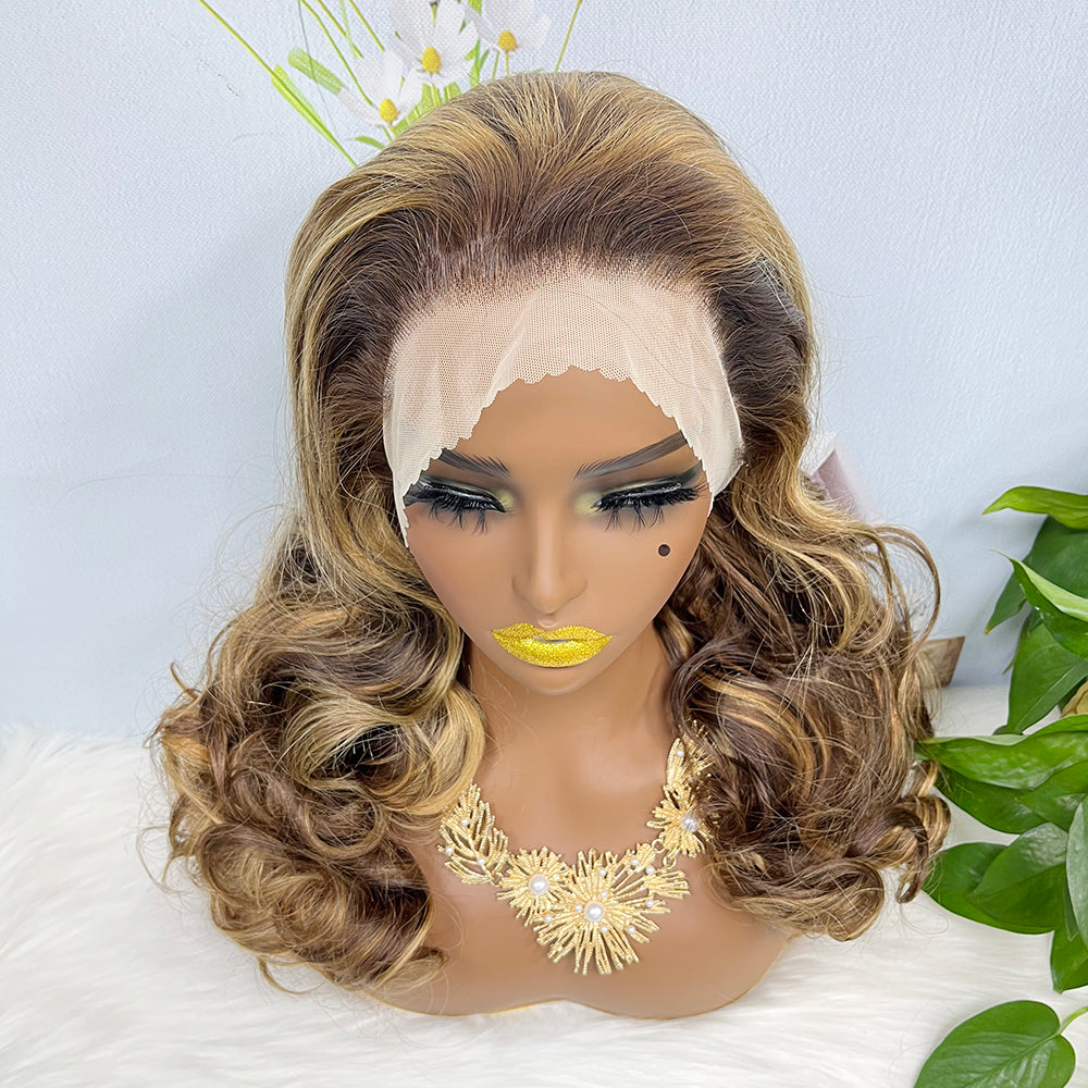 Double Drawn 13*4 Lace Wig Loose Wave Natural Human Hair Lace Wig Color P4/27# 300% Density