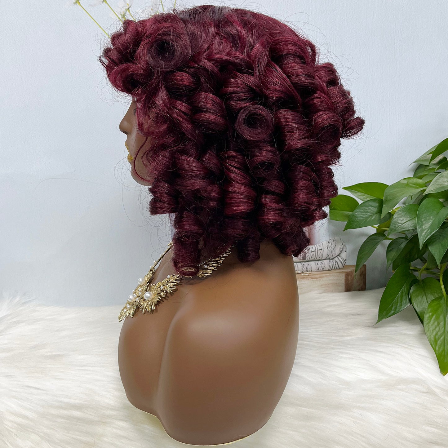 Fringe Double Drawn Human Hair Wig Fumi Curl Wine Color 99J Wigs 14inch