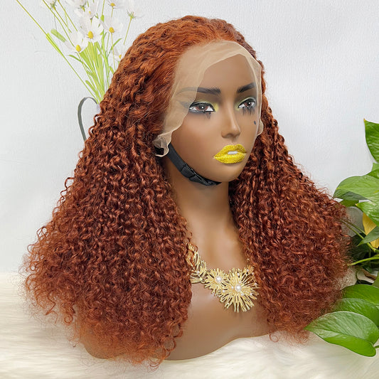 Double Drawn 13x4 Glueless Wig Pixie Curl Natural Human Hair Lace Wigs Color 33# 250% Density