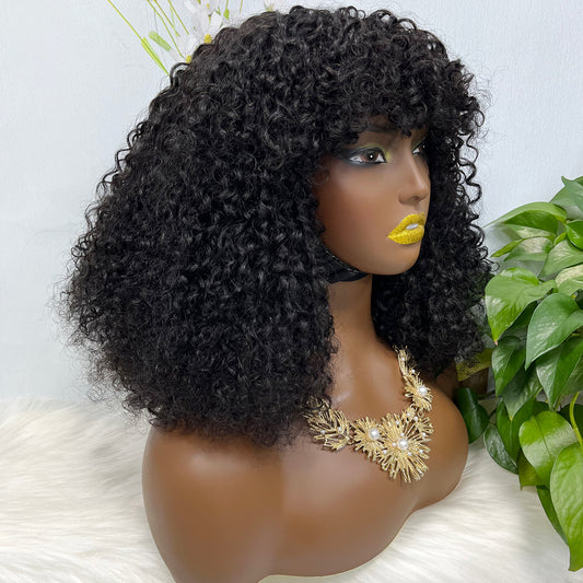 Fringe Double Drawn Wig Human Hair Pixie Curl Wigs Natural Color 300% Density