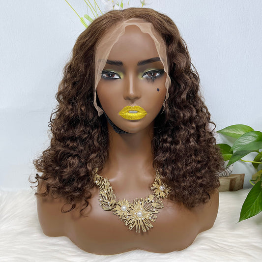 Double Drawn 13*4 Glueless Wig Pissy Curl Natural Human Hair Lace Wig Brown Color 4# 250% Density