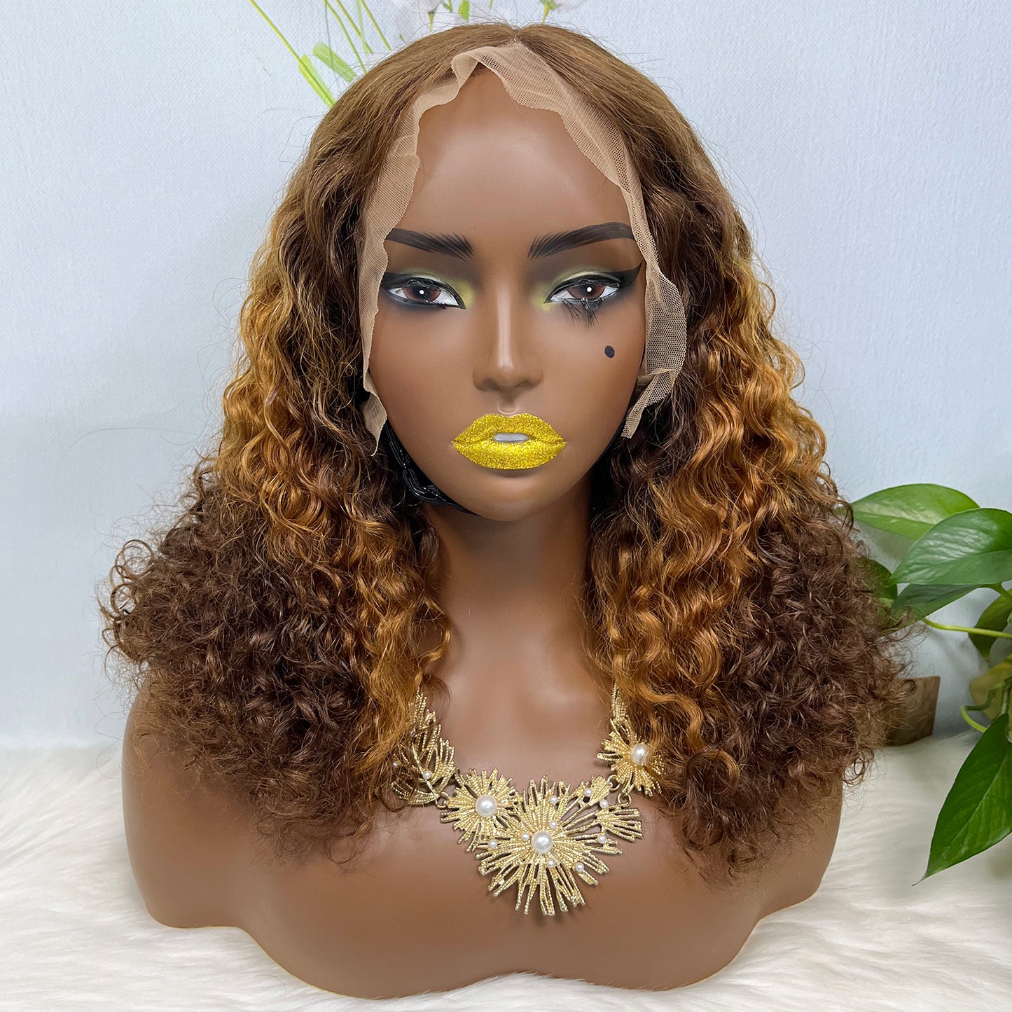 Double Drawn 13*4 Glueless Wig Pissy Curl Natural Human Hair Lace Wig Ombre Color T4/30/4 250% Density