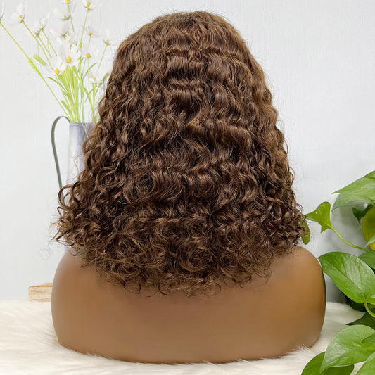 Double Drawn 5x5 Glueless Wig Water Wave Natural Human Hair Lace Wig Brown Color 4# 14 inch