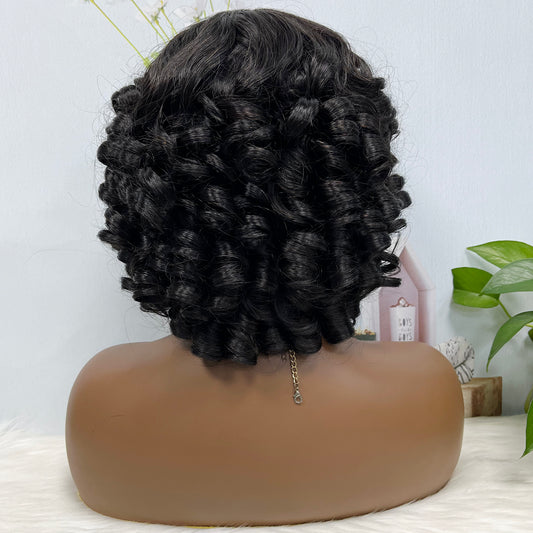 Fringe Double Drawn Human Hair Wig Fumi Curl Natural Color Wigs 14inch