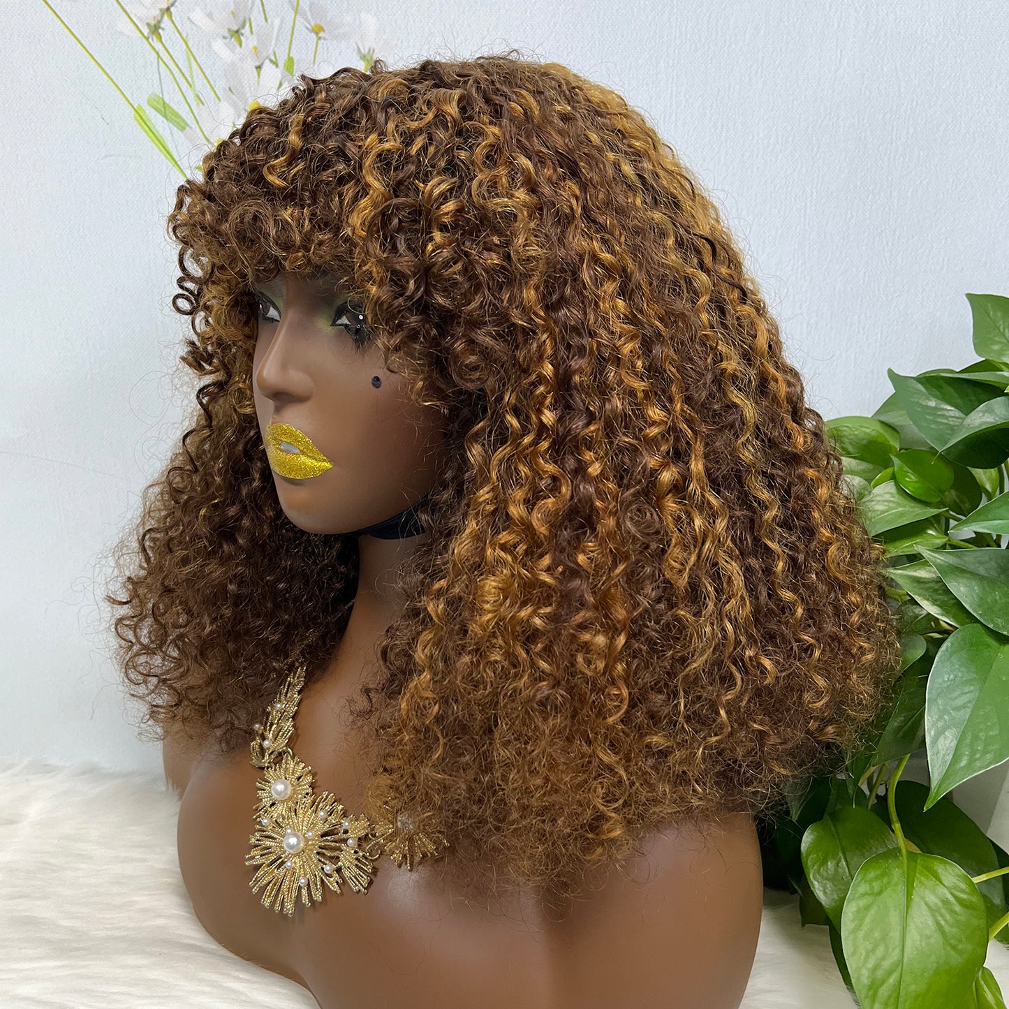 Fringe Double Drawn Wig Human Hair Pixie Curl Wigs 300% Density Wine Color 99J