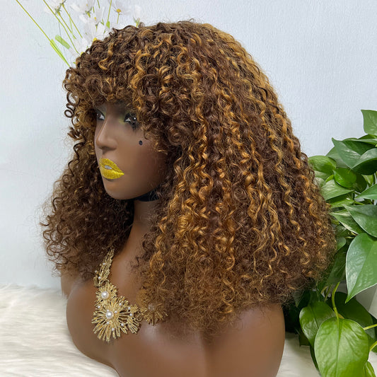 Fringe Double Drawn Wig Human Hair Pixie Curl Wigs 300% Density Piano Color P4/30