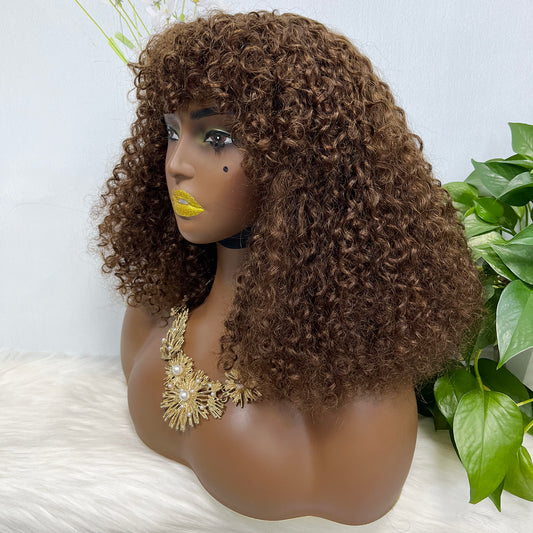 Fringe Double Drawn Wig Human Hair Pixie Curl Wigs 300% Density Brown Color 4#
