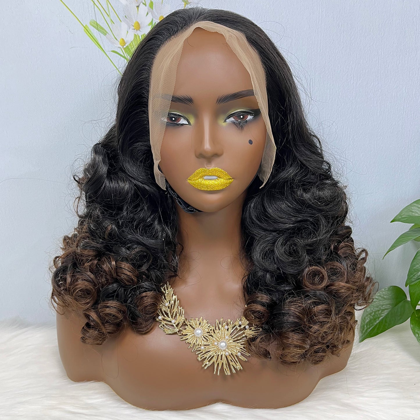 Double Drawn 13*4 Glueless Lace Wig Bouncy Curl Natural Human Hair Wigs Ombre Color T1B/4 20"