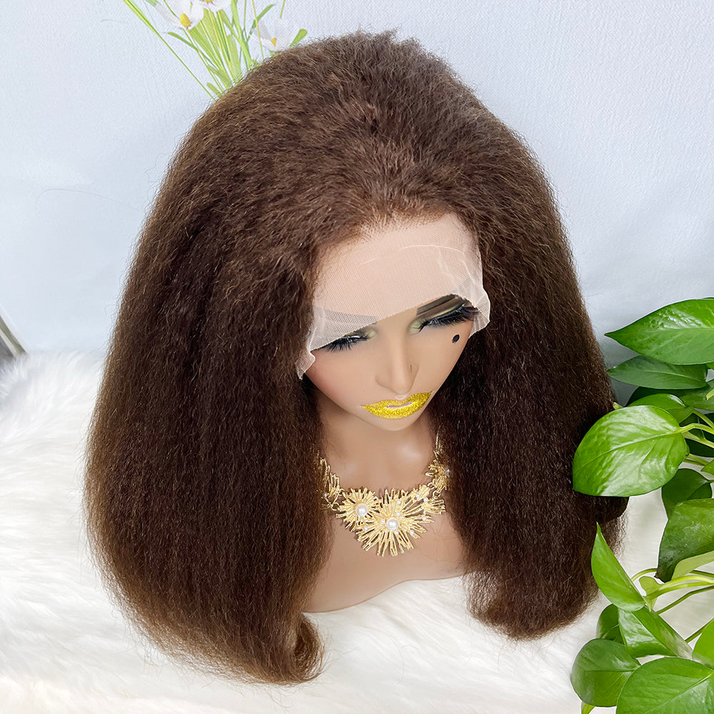 13*4 Lace Wig Kinky Straight Natural Virgin Human Hair Lace Wigs Color 4# 200% Density