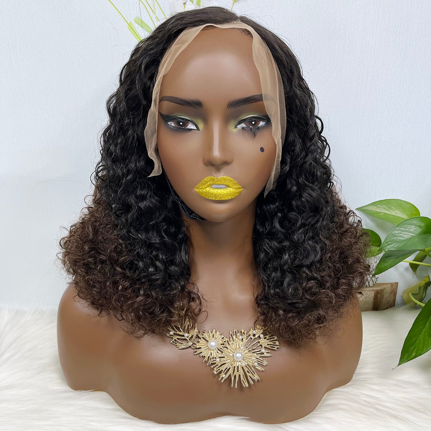 Double Drawn 13*4 Glueless Wig Pissy Curl Natural Human Hair Lace Wig Ombre Color T1B/4 250% Density