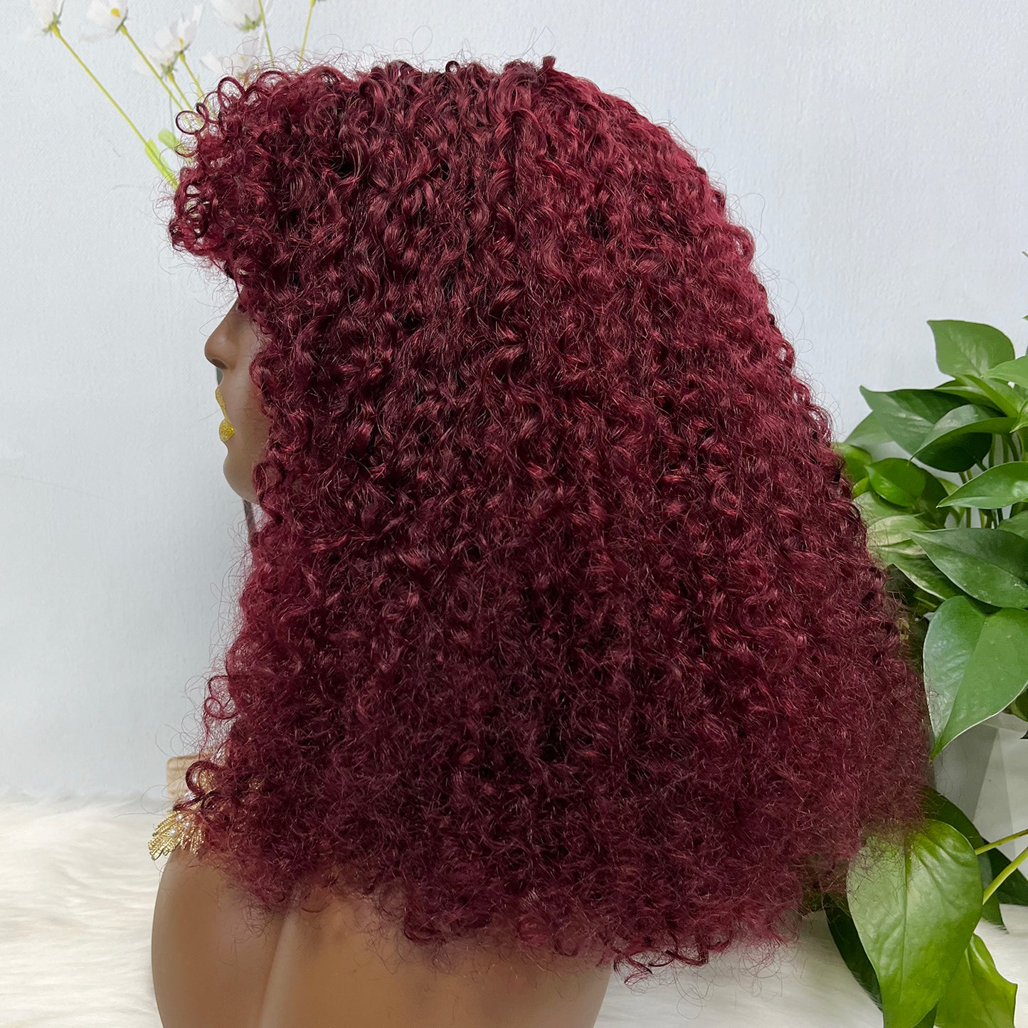 Fringe Double Drawn Wig Human Hair Pixie Curl Wigs 300% Density Wine Color 99J