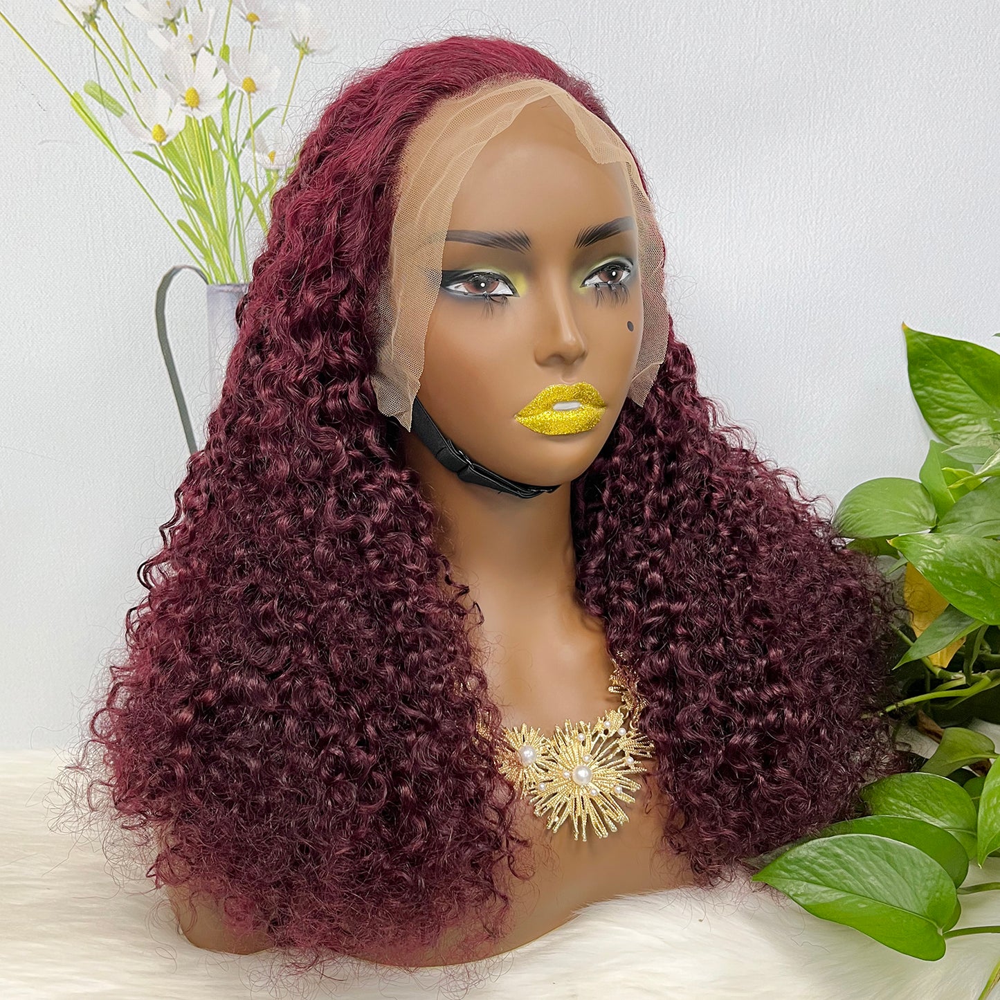 Double Drawn 13x4 Glueless Wig Pixie Curl Natural Human Hair Lace Wigs Wine Color 99J 250% Density