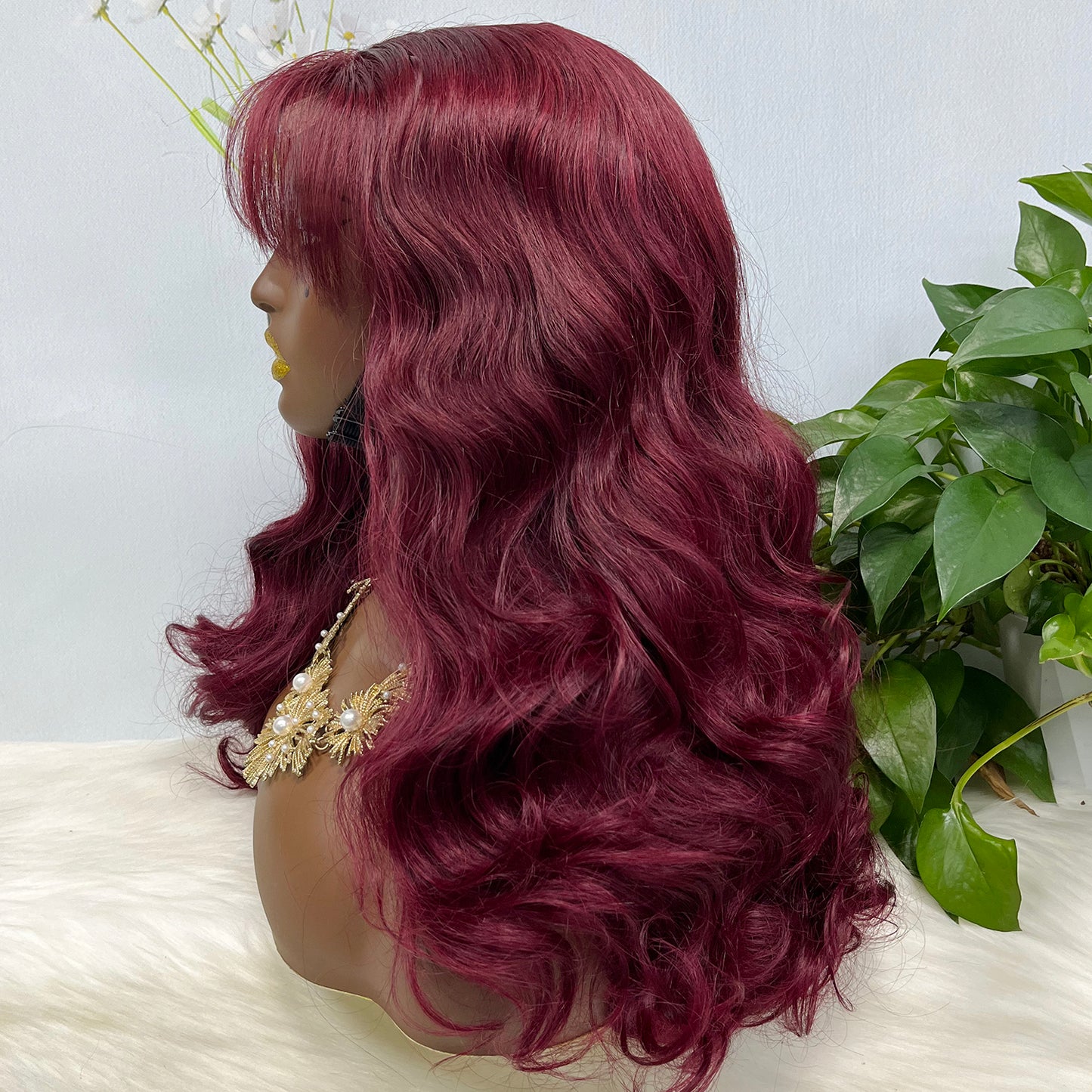 Fringe Double Drawn 5x5 Glueless Lace Wig Loose Wave Human Hair Wigs Wine Color 99J 20 inch