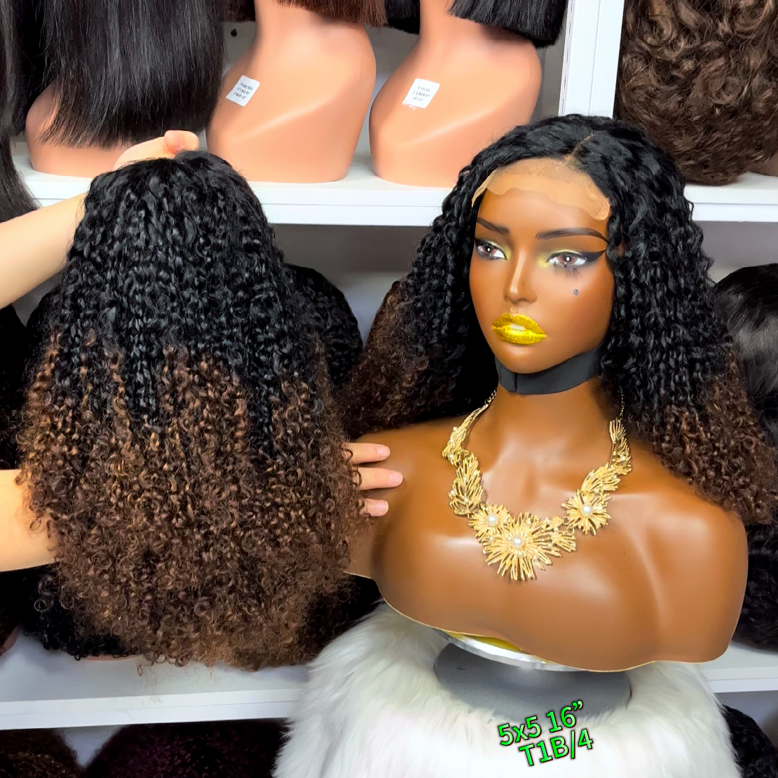 16" Double Drawn 5x5 Glueless Wig Pixie Curl Natural Human Hair Lace Wigs Ginger Color 33#