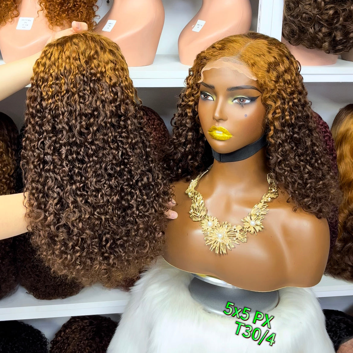 16" Double Drawn 5x5 Glueless Wig Pixie Curl Natural Human Hair Lace Wigs Ombre Color T4/350/4
