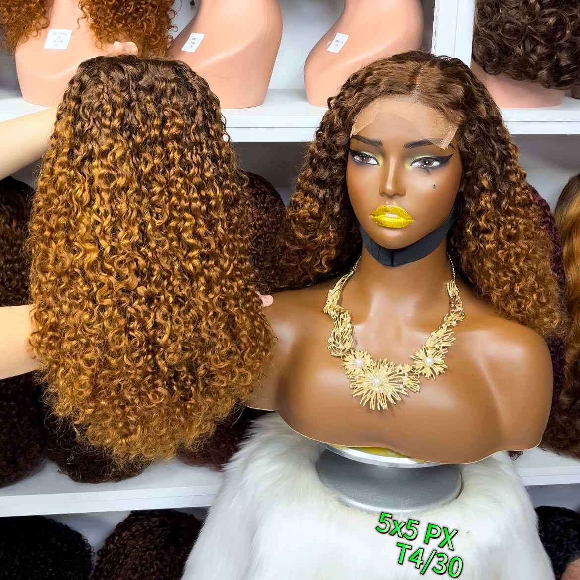 16" Double Drawn 5x5 Glueless Wig Pixie Curl Natural Human Hair Lace Wigs Ombre Color T30/4