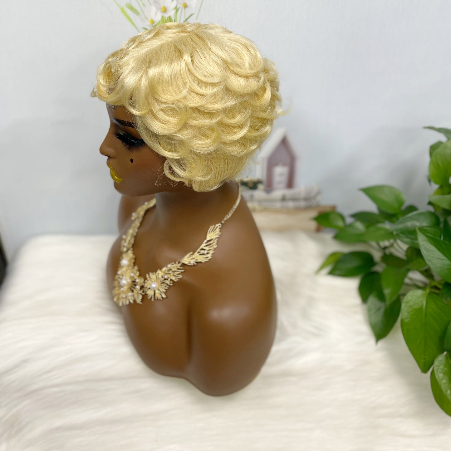 Machine Human Hair Wig Natural Hair Curly Wig W561 Color 613#