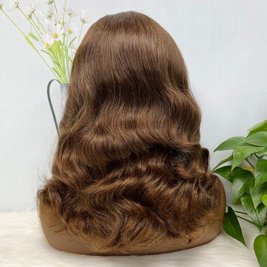 Double Drawn 13*4 Lace Wig Loose Body Wave Natural Human Hair Lace Wigs Brown Color 4# 14"