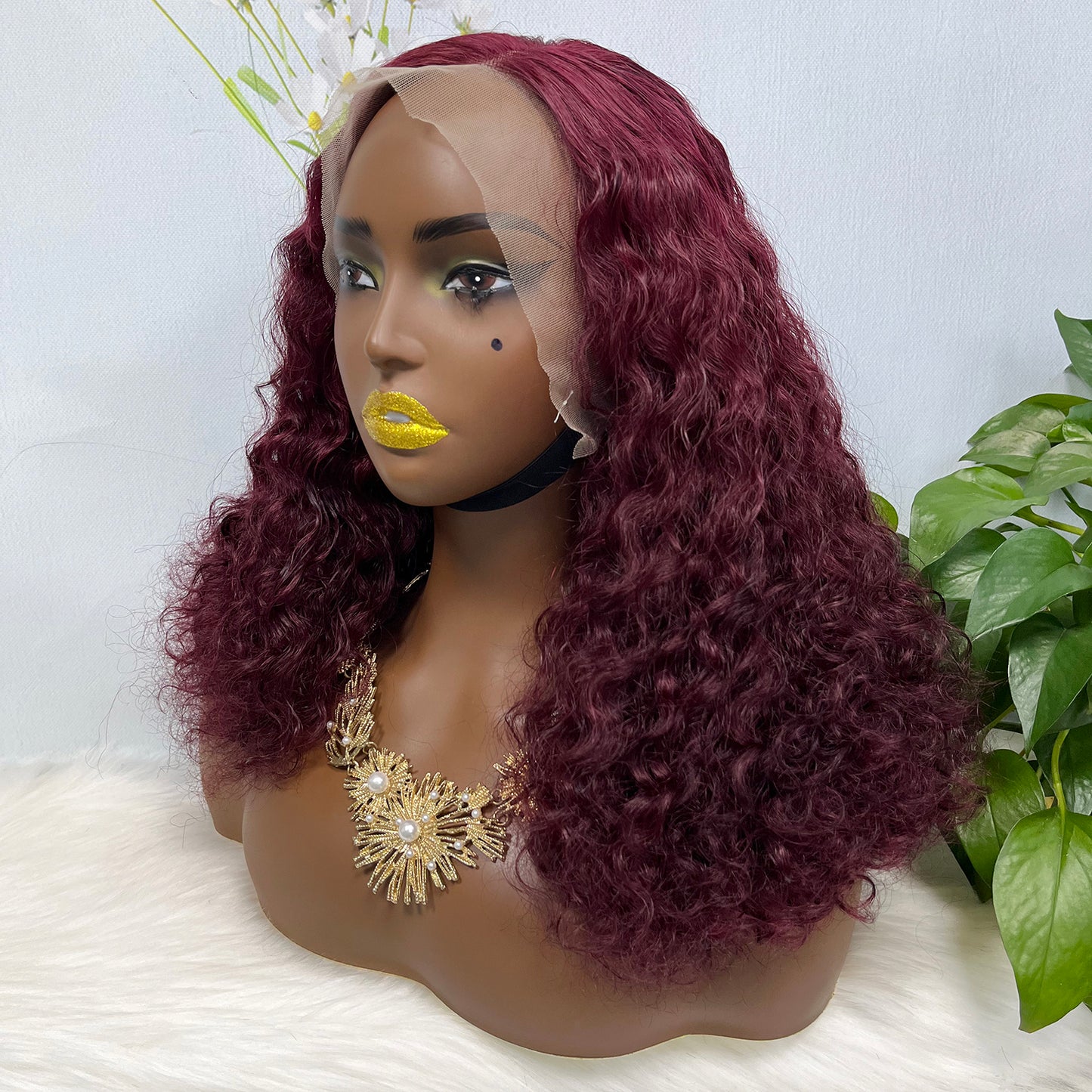 Double Drawn 13*4 Glueless Wig Pissy Curl Natural Human Hair Lace Wig Wine Color 99J 250% Density