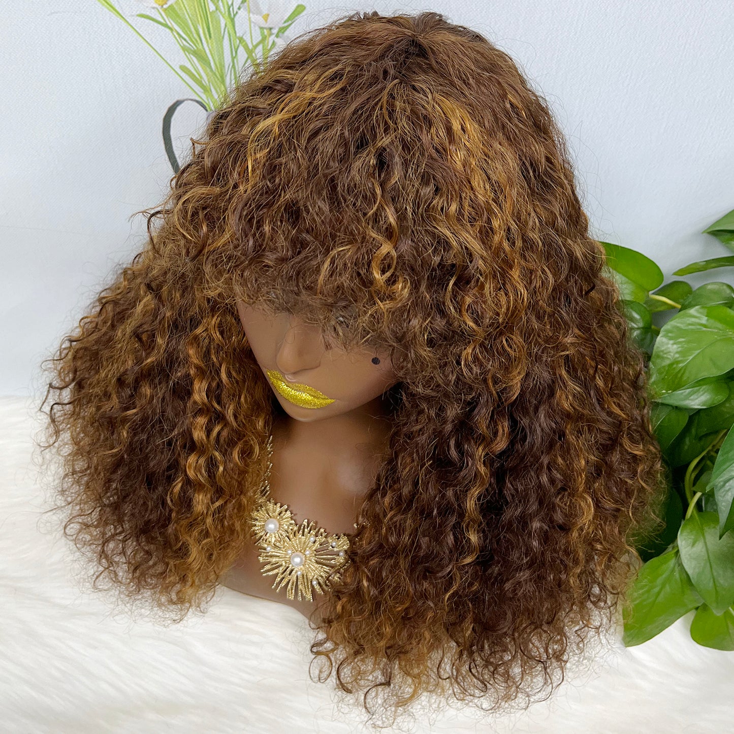 Fringe Double Drawn Machine Wig Water Wave Natural Human Hair Wigs Color P4/30