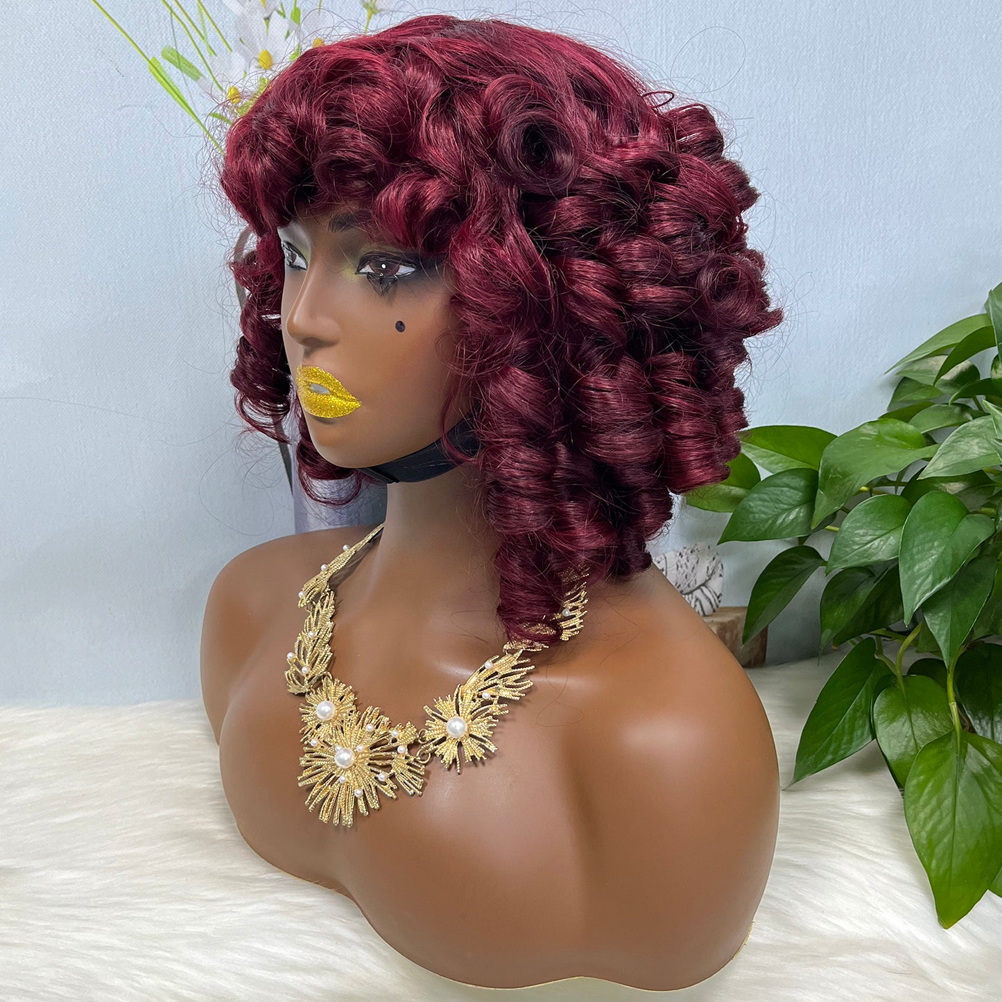 Fringe Double Drawn Human Hair Wig Fumi Curl Wine Color 99J Wigs 14inch