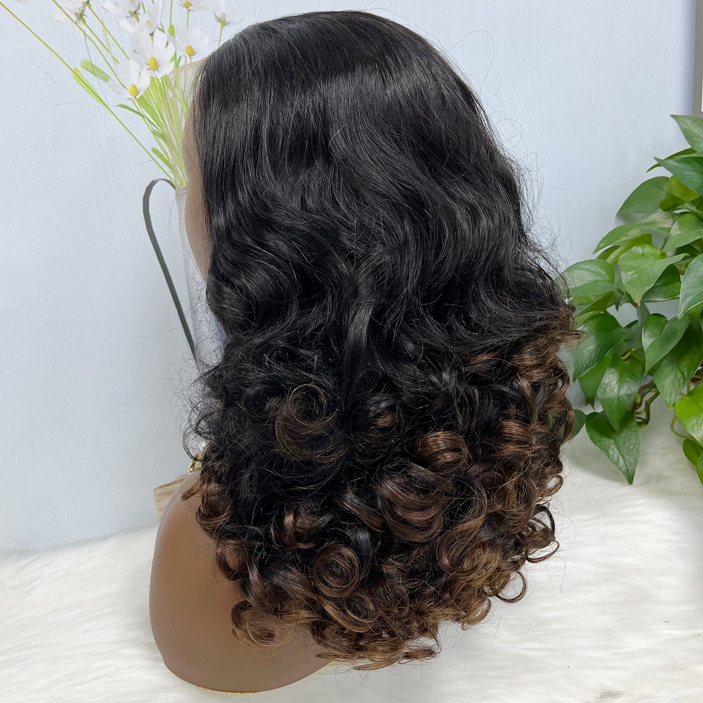 Double Drawn 13*4 Glueless Lace Wig Bouncy Curl Natural Human Hair Wigs Ombre Color T1B/4 20"