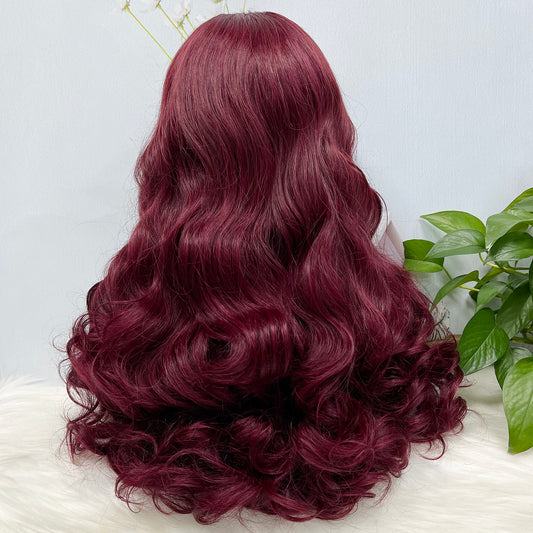 Fringe Double Drawn 5x5 Glueless Lace Wig Loose Wave Human Hair Wigs Wine Color 99J 20 inch