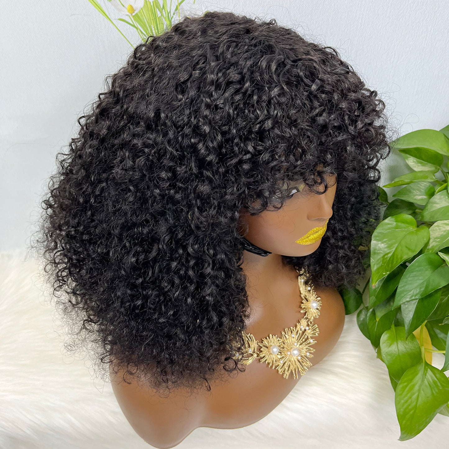 Fringe Double Drawn Wig Human Hair Pixie Curl Wigs Natural Color 300% Density