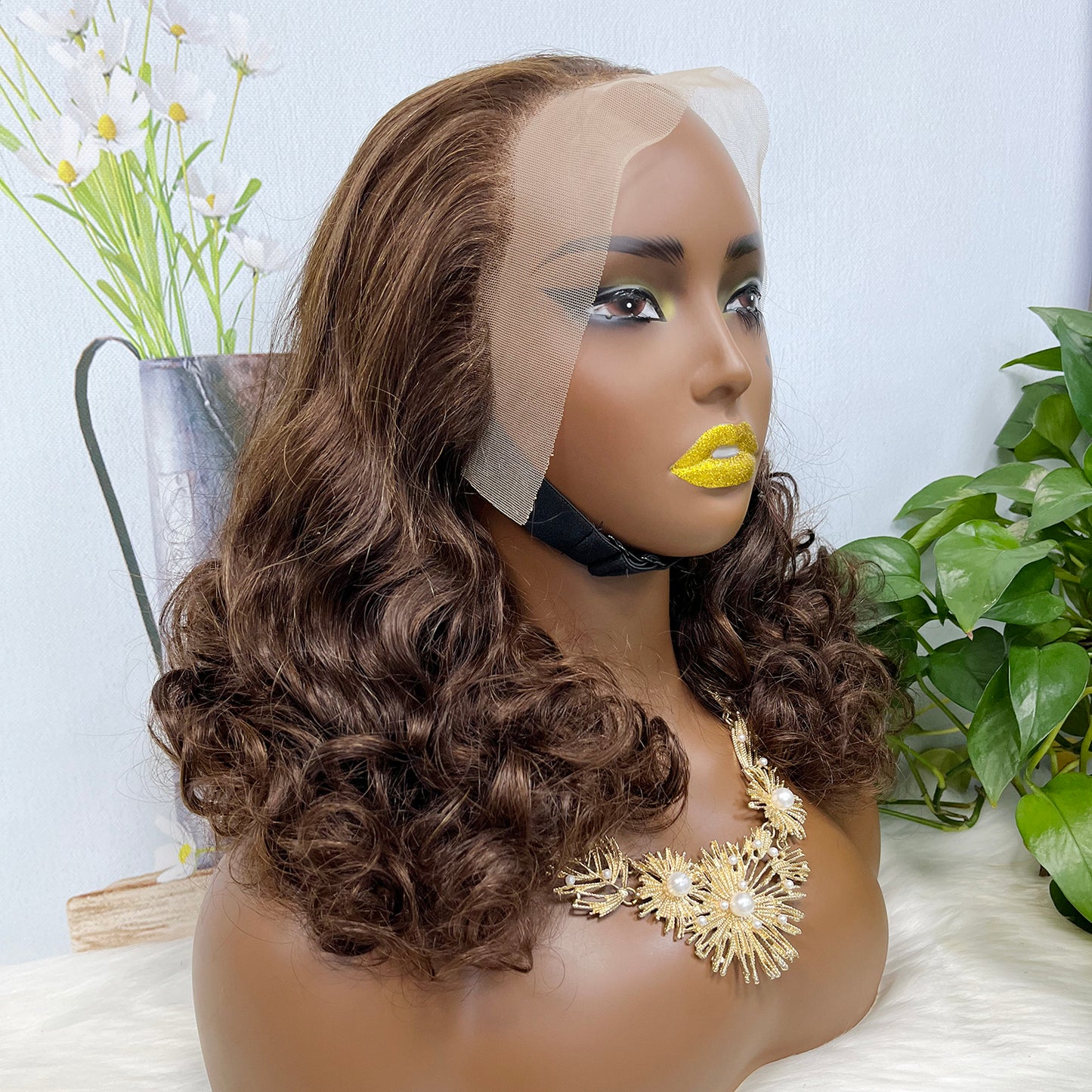 Double Drawn 13*4 Glueless Lace Wig Bouncy Curl Natural Human Hair Wigs Brown Color 4# 20"